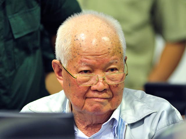 <p>Khieu Samphan, former Khmer Rouge head of state, sits in a court during a hearing</p>