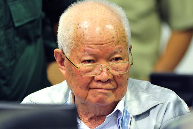 <p>Khieu Samphan, former Khmer Rouge head of state, sits in a court during a hearing</p>