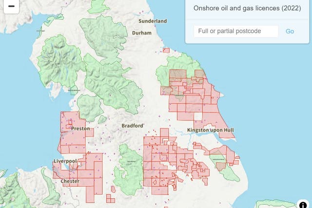 <p>The map allows people to enter their postcode to see if their area is covered by an onshore oil and gas licence</p>