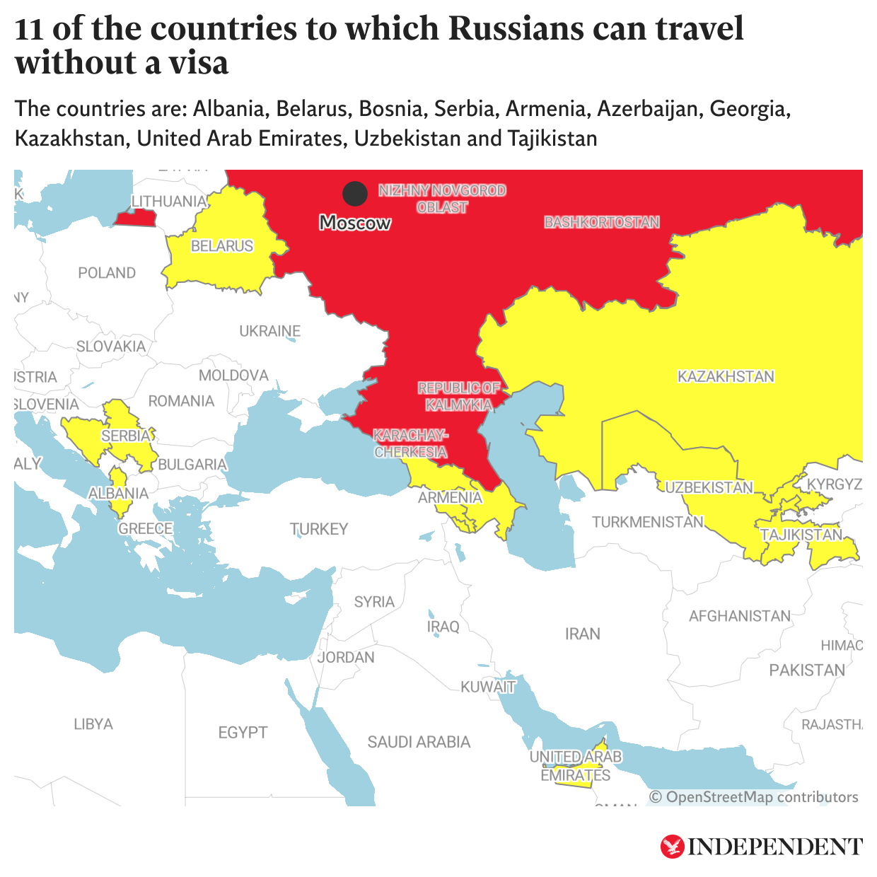 A selection of countries, highlighted in yellow, to which Russians can travel without a visa