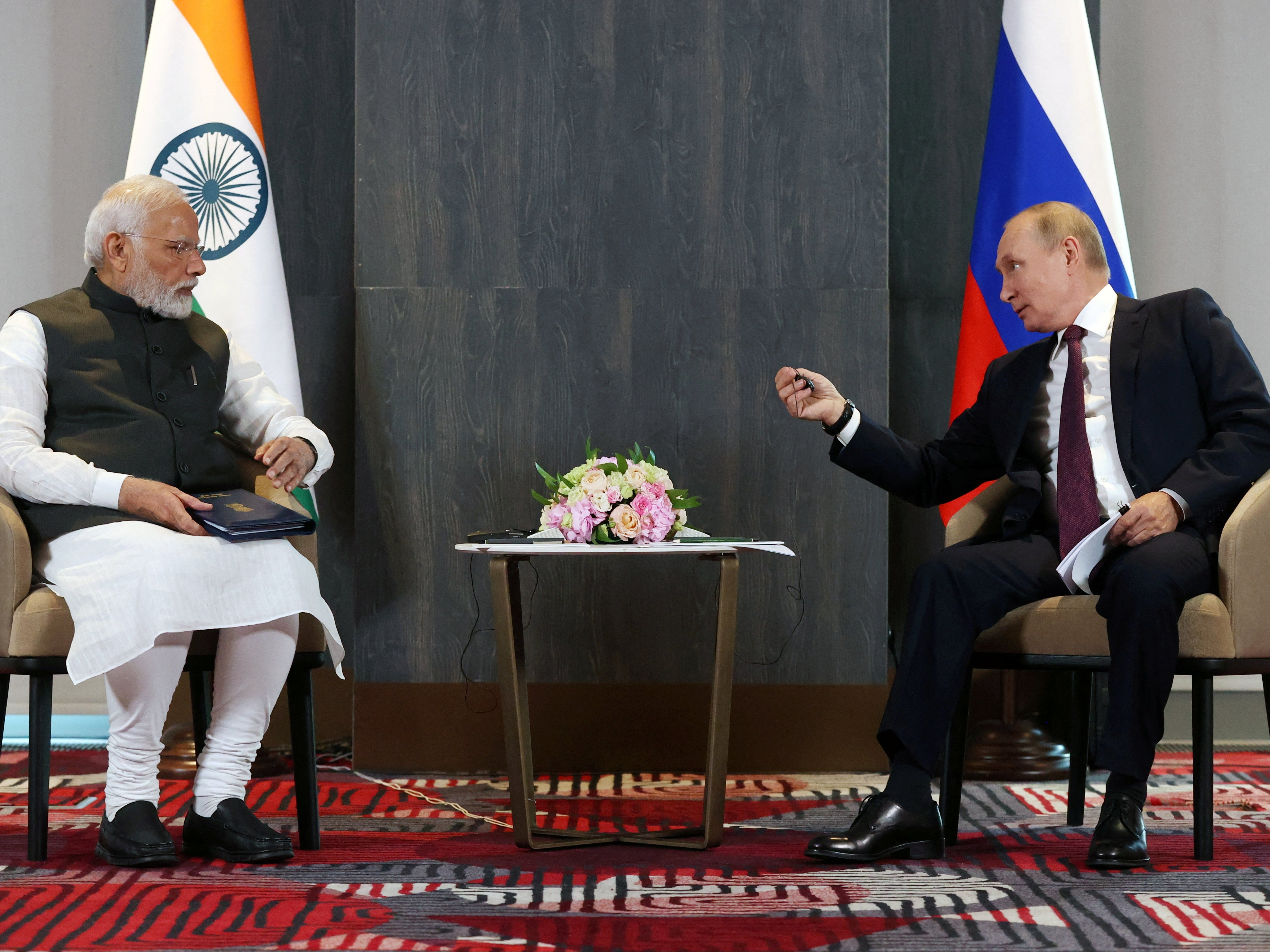 Putin and Indian prime minister Narendra Modi at a meeting on the sidelines of the Shanghai Cooperation Organisation summit in Samarkand, Uzbekistan on 16 September 2022