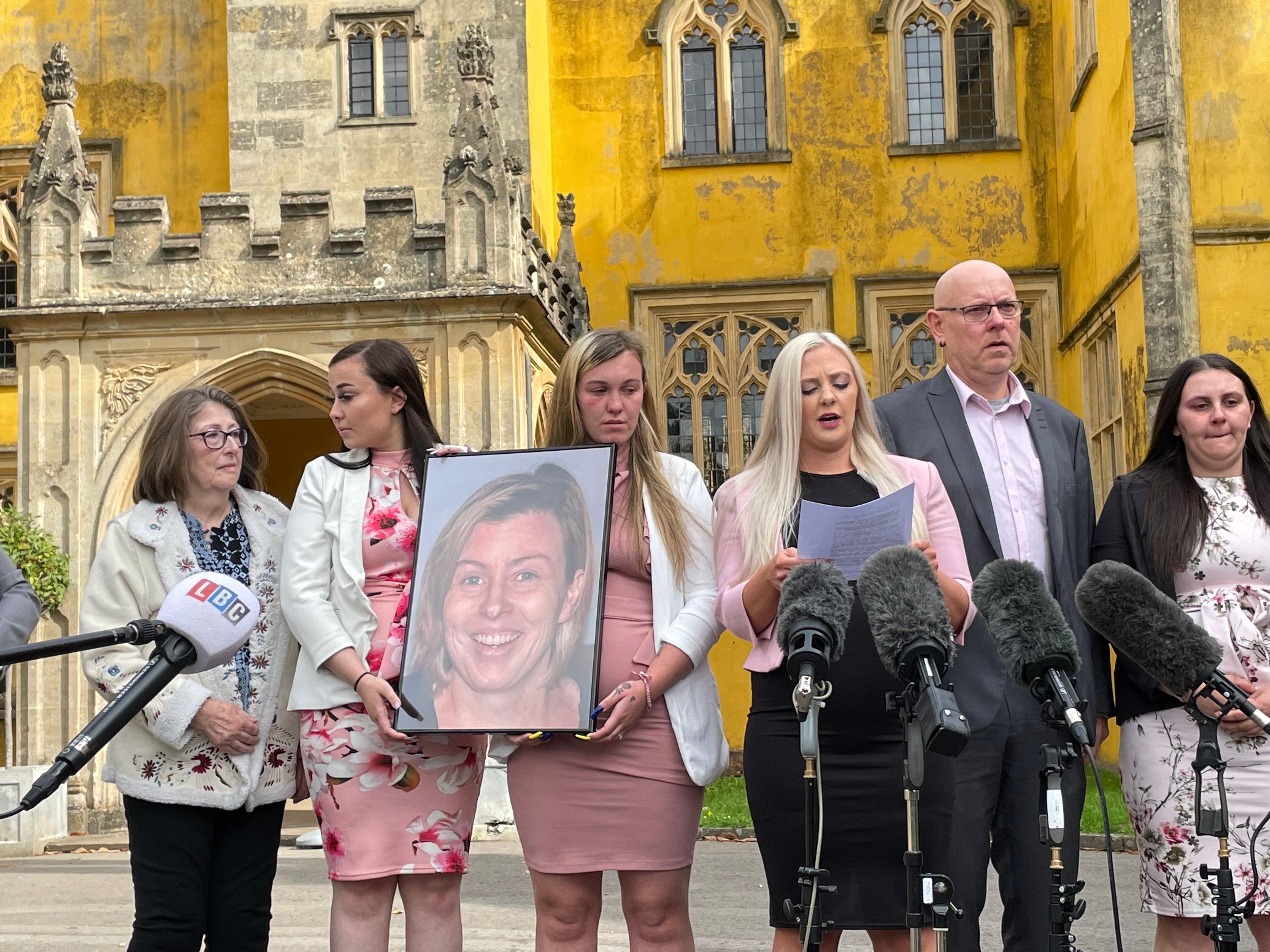 Family of Celia Marsh, (from left) Mrs Marsh’s mother Jen Gower, Mrs Marsh’s daughters Kayleigh Grice, Brenna Grice, Ashleigh Grice (speaking), Mrs Marsh’s husband Andy Marsh, and her daughter Shanaye Grice, outside Avon Coroner’s Court in Bristol following the inquest into her death (Tess de la Mare/PA)