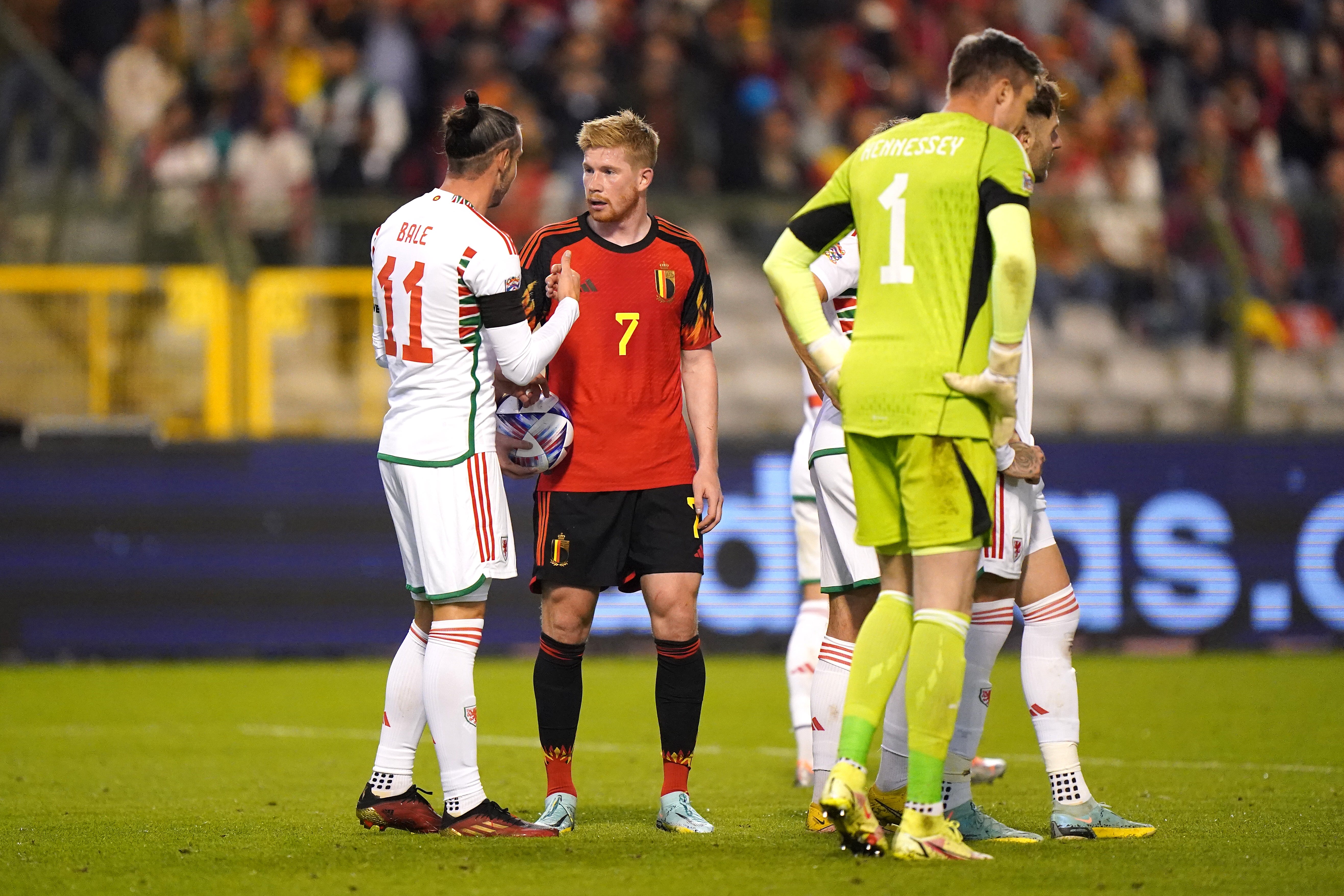 Wales’ Gareth Bale, left, and Belgium’s Kevin De Bruyne in discussion during the match in Brussels (Tim Goode/PA)