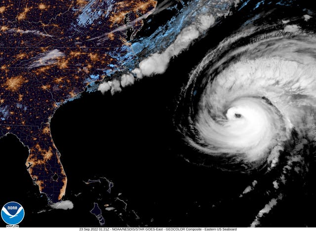 <p>A National Hurricane Center satellite view as Hurricane Fiona moves up the United States Atlantic coast on Sept. 22, 2022. Hurricane Fiona is on a path that has it reaching northeastern Canada as a still-powerful storm late Friday (NOAA via AP)</p>