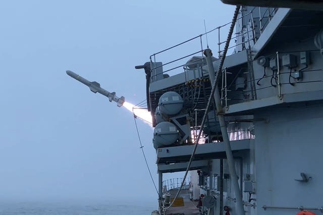 HMS Westminster firing Harpoon missiles at ex-USS Boone (MoD/Crown Copyright/PA)