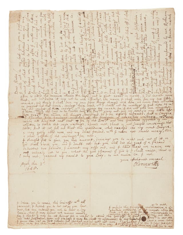 A letter written by Oliver Cromwell in 1648 will be sold by an Edinburgh auctioneer next week (Lyon & Turnbull/PA)