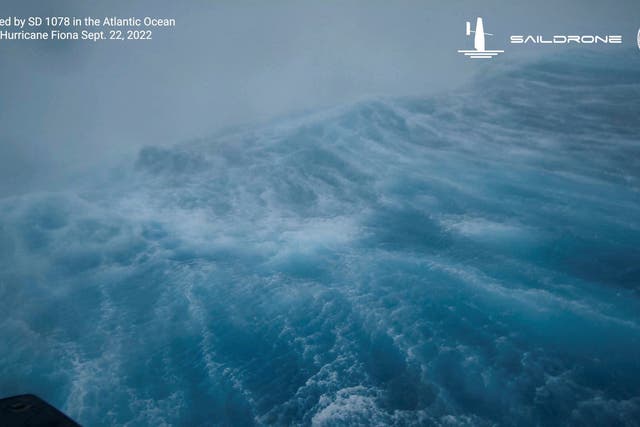 <p>A view of rough waters captured by Saildrone Explorer SD 1078 during Hurricane Fiona in the Atlantic Ocean September 22, 2022</p>