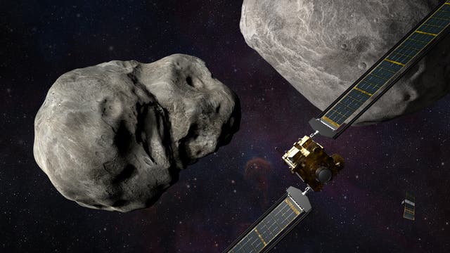 <p>An artist’s illustration of Nasa’s Double Asteroid Redirection Test (DART) mission as it closes in on the asteroid Dimorphos</p>