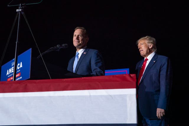 <p>Representative Ted Budd speaks at a Save America Rally with former President Donald Trump at the Aero Center Wilmington on 23 September 2022 in Wilmington, North Carolina</p>