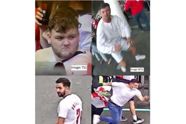 <p>Police are appealing for help identifying four men wanted in connection with Euro 2020 final disorder</p>