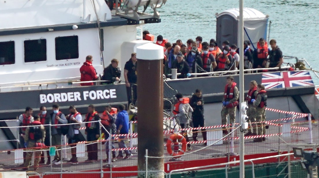A group of people thought to be migrants are brought in to Dover, Kent, from a Border Force vessel following a small boat incident in the Channel on Thursday (Gareth Fuller/PA)