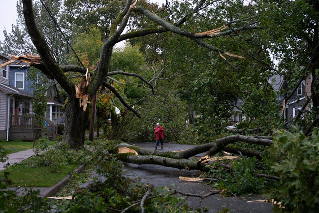 <p>Georgina Scott surveys the damage on her street in Halifax as post tropical storm Fiona continues to batter the area on Saturday</p>