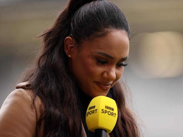 <p>Alex Scott speaks prior to during the Barclays FA Women's Super League match between Manchester United Women and Manchester City Women at Leigh Sports Village on October 09, 2021</p>
