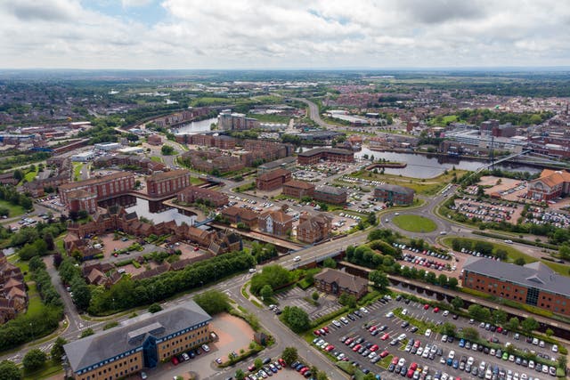 <p>Aerial photo of the UK town of Middlesbrough a large post-industrial town on the south bank of the River Tees in the county of North Yorkshire, taken on a bright sunny day</p>
