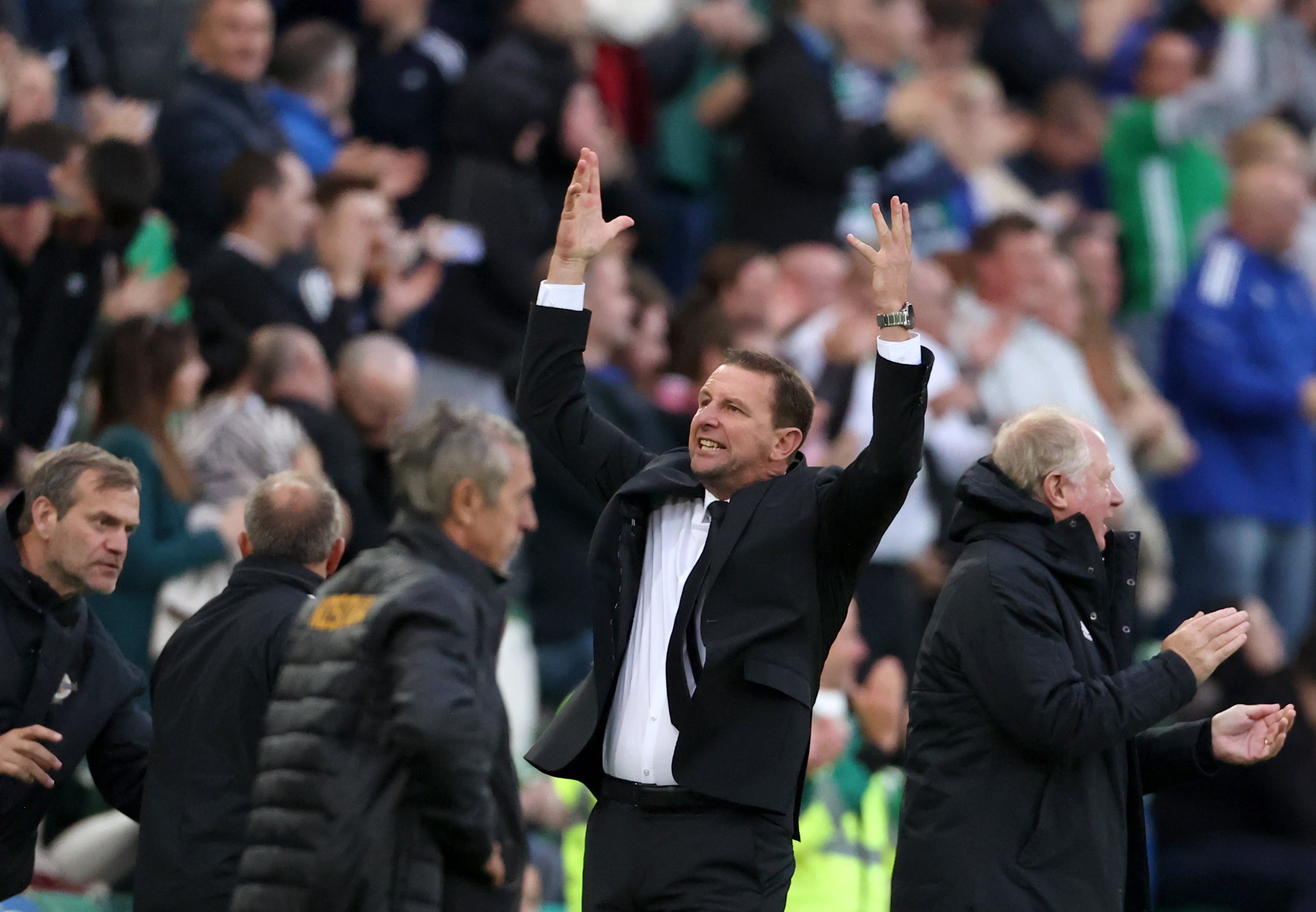 Ian Baraclough celebrates after his side came from behind to beat Kosovo 2-1 in the Nations League (Liam McBurney/PA)