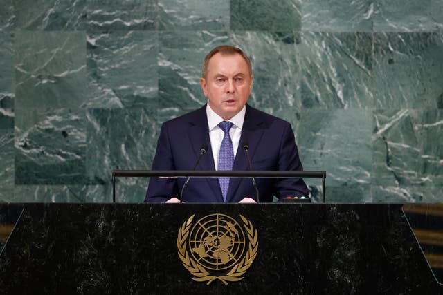 <p>Vladimir Makei addressing the UN in September 2022, one month before his reported death </p>