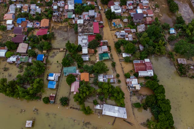 <p>An aerial view of flooded houses after Typhoon Vamco hit on 16 November 2020 </p>