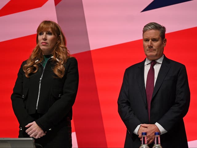 <p>Angela Rayner and Sir Keir Starmer take part in a minute’s silence for Queen Elizabeth II</p>