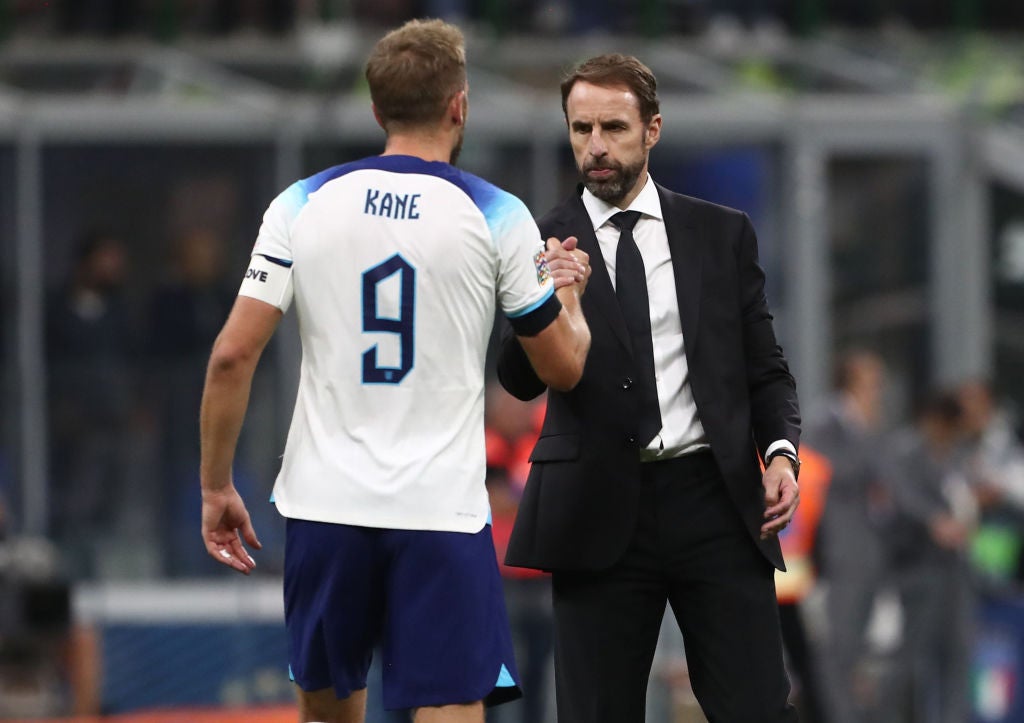 Harry Kane shakes hands with Gareth Southgate at the end of the game in Italy on Friday
