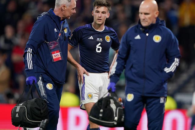 Scotland’s Kieran Tierney (centre) out of Ukraine game (Andrew Milligan/PA)