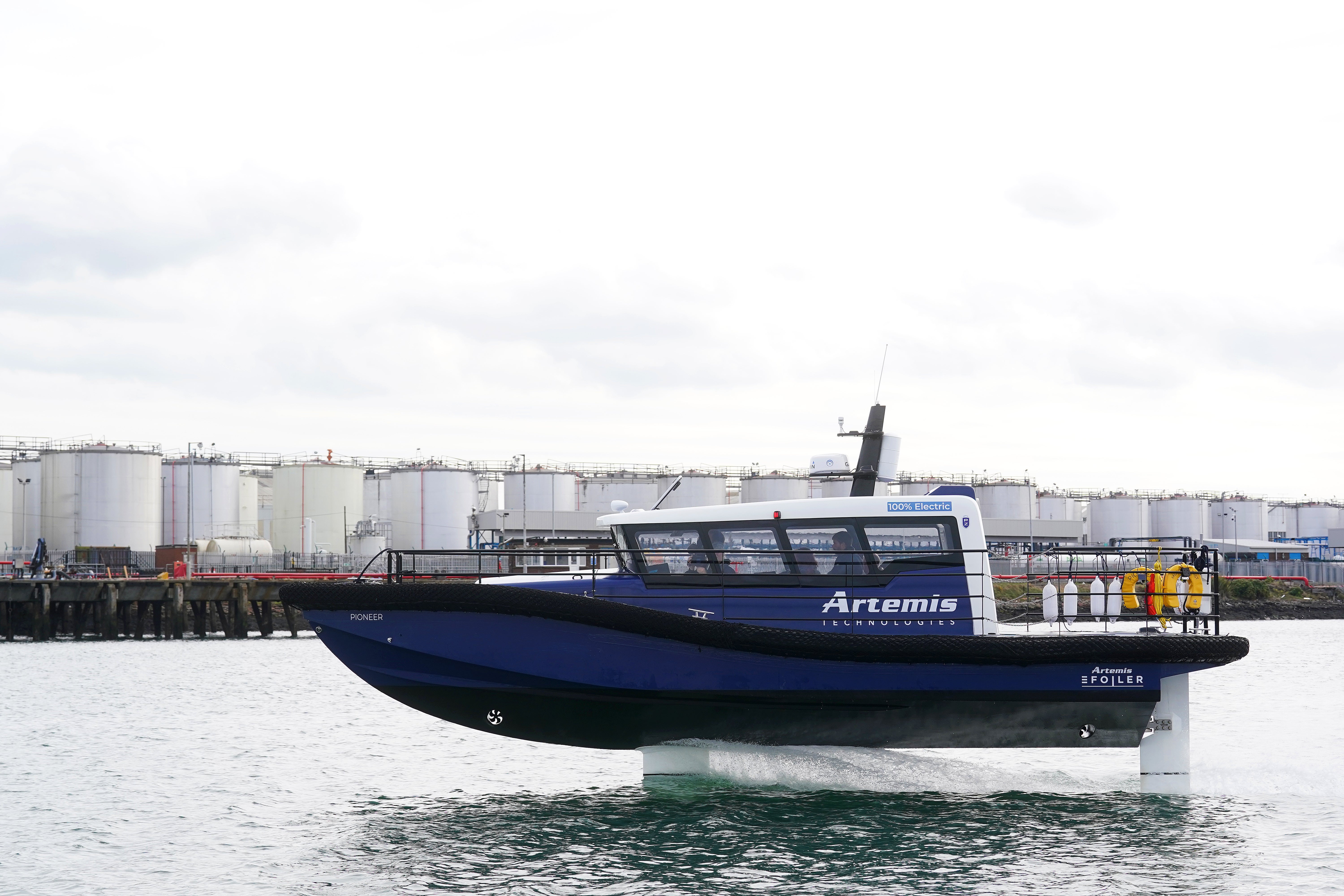Artemis Technologies hydrofoiling workboat “Pioneer” out on Belfast Lough as the company unveiled plans for a 100% electric ferry. Picture date: Wednesday September 21, 2022. PA Photo. See PA story TECHNOLOGY Ferry . Photo credit should read: Brian Lawless/PA Wire