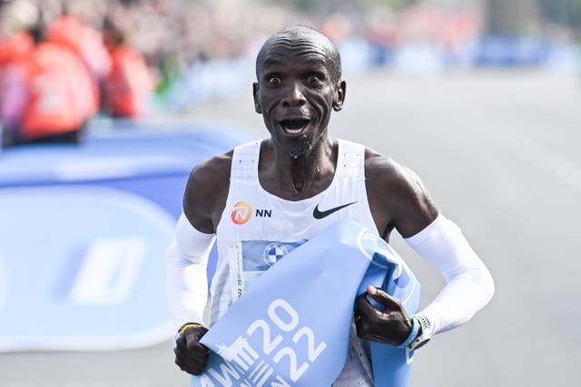 <p>Kenya's Eliud Kipchoge celebrates after winning the Berlin Marathon on Sunday </p>