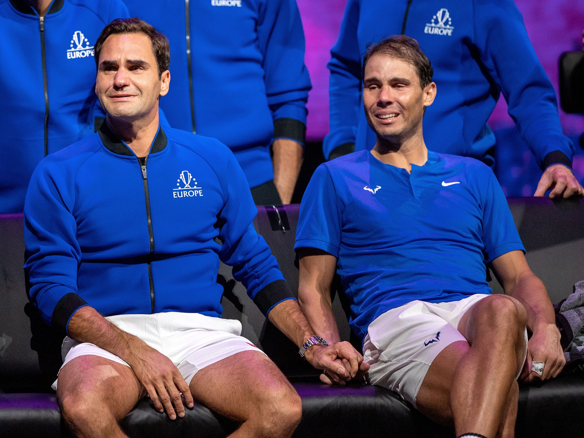 Roger Federer and Rafael Nadal hold hands during the Laver Cup last week