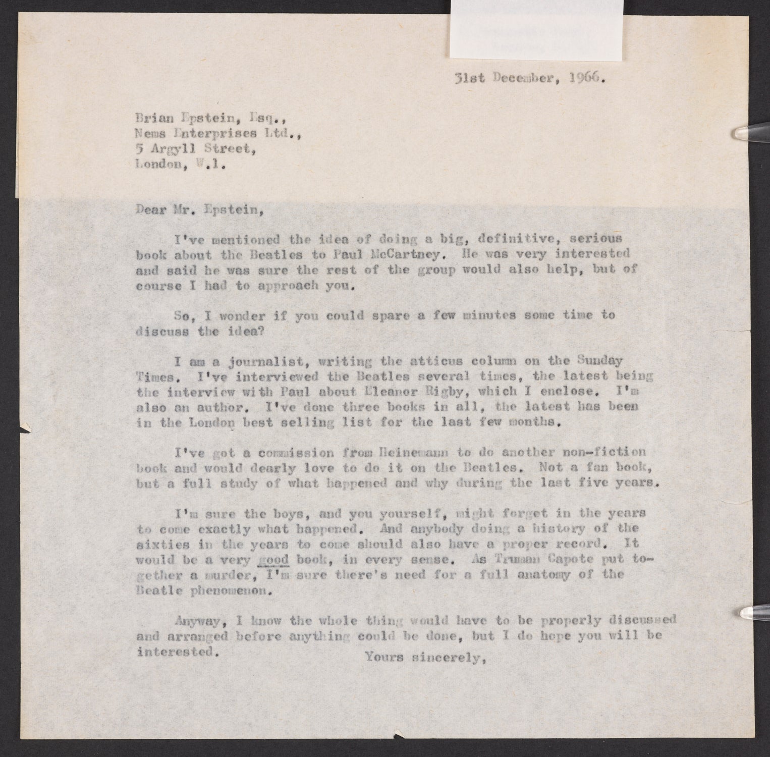 A letter to Brian Epstein suggesting the idea of an authorised biography of the Beatles (Hunter Davies/British Library/PA)