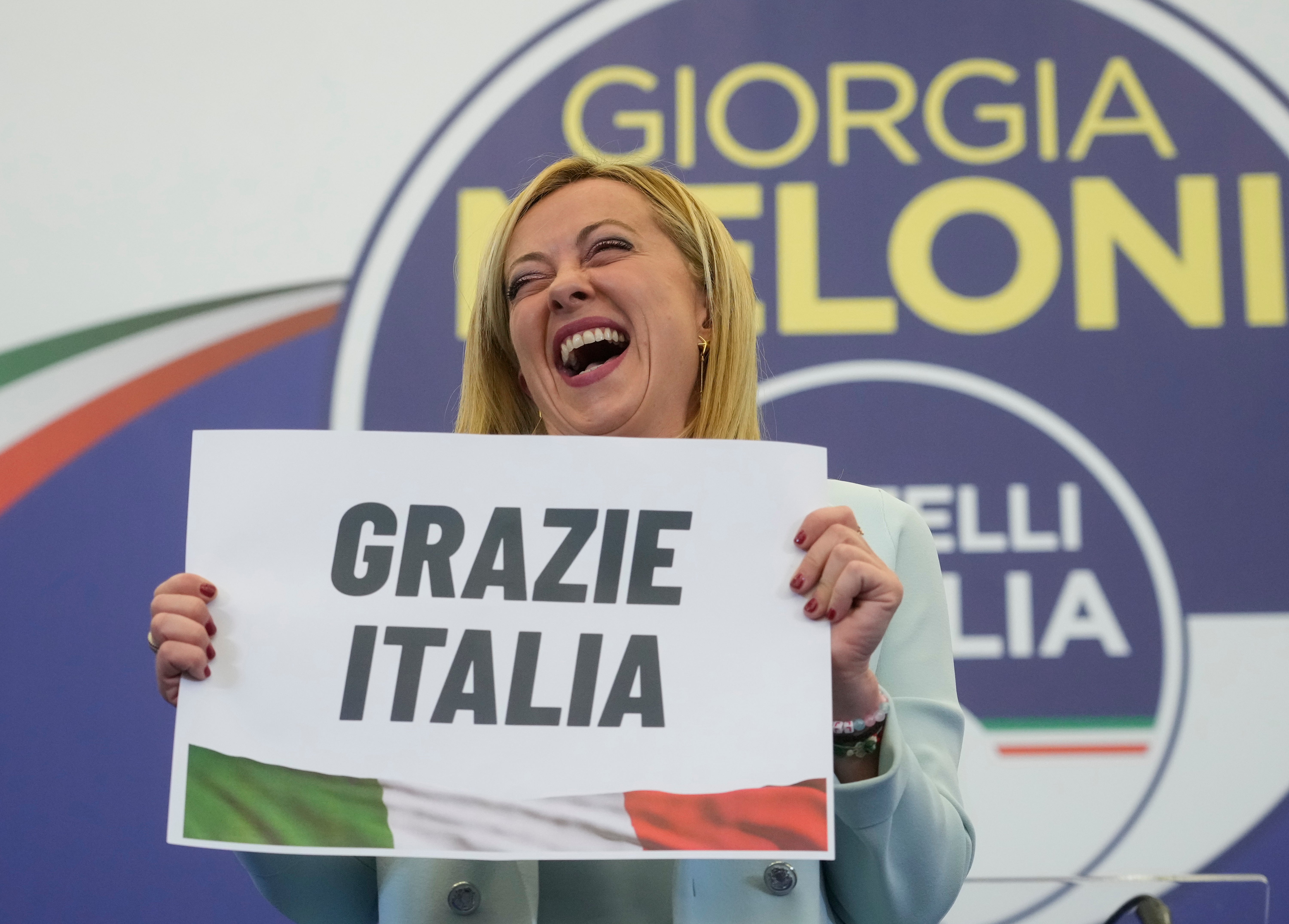 Giorgia Meloni thanks voters in a press conference at her party’s headquarters in Rome on Monday