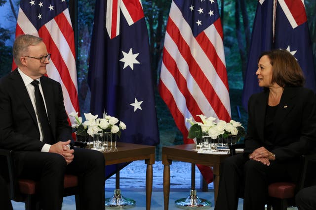 <p>Kamala Harris, right, holds a bilateral meeting with Australia's Prime Minister Anthony Albanese in Tokyo, Tuesday, 27 September 2022</p>