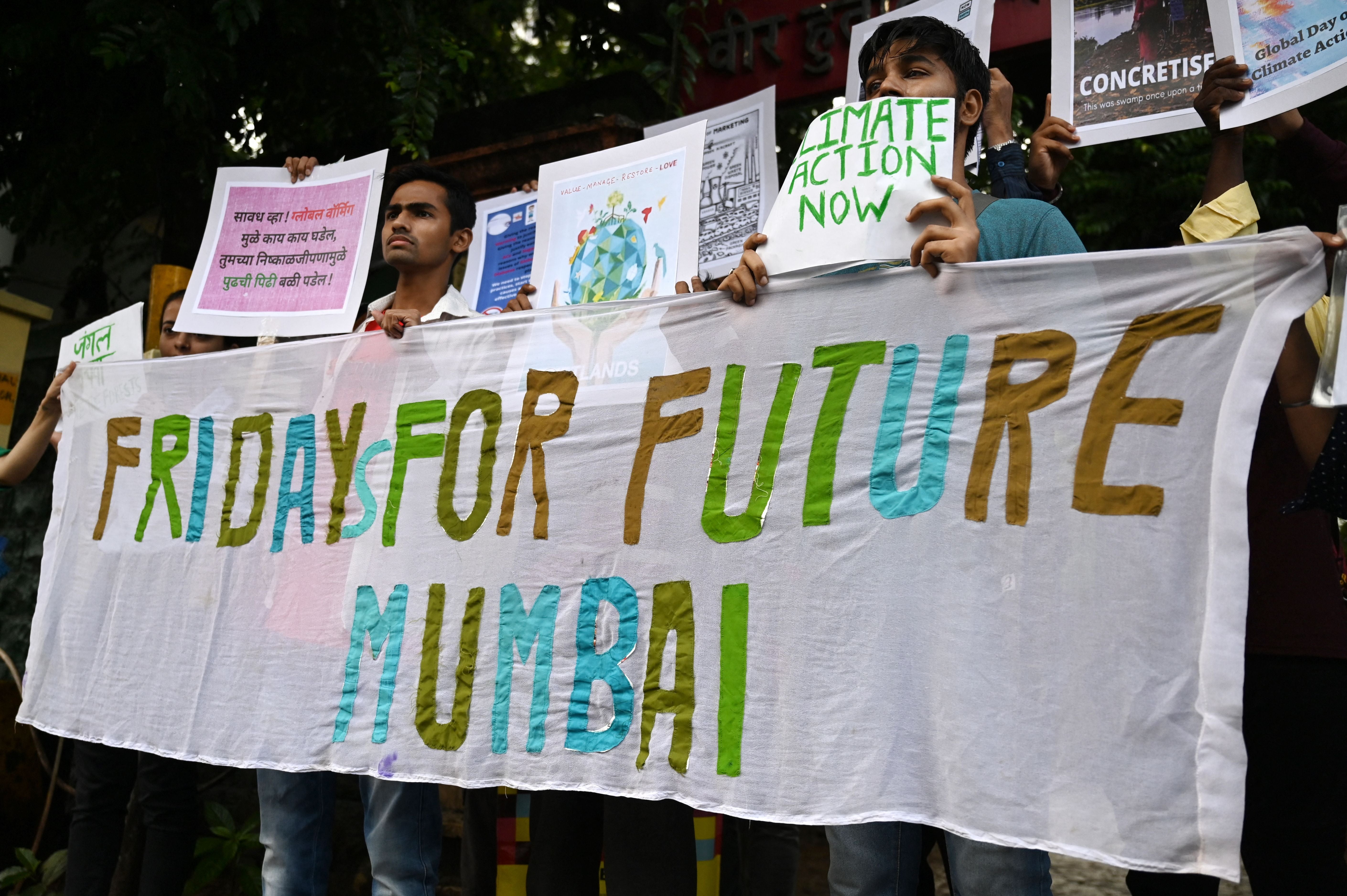 Young people protest against climate inaction in Mumbai on Saturday