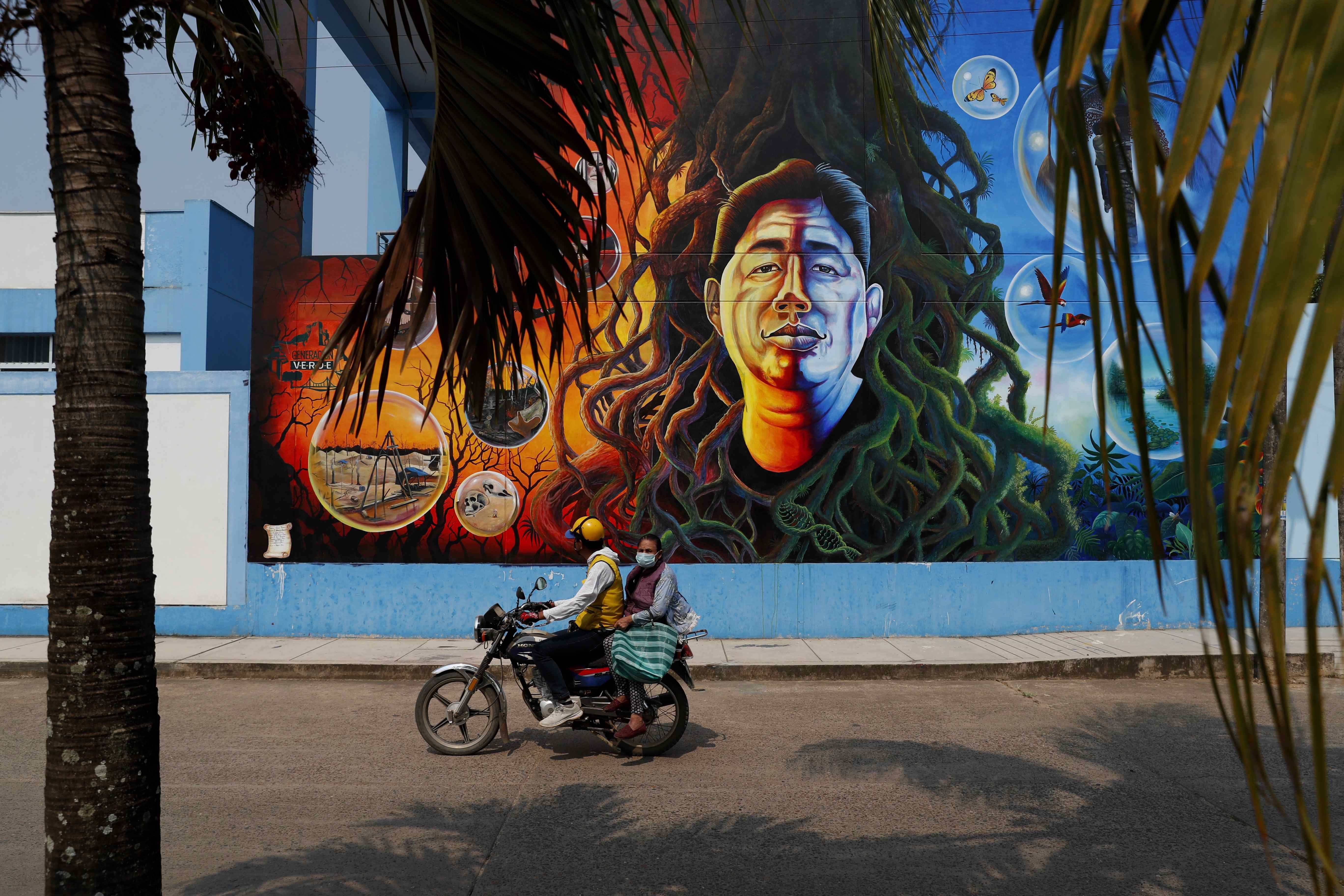 <p>A mural of environmental defender Roberto Pacheco assassinated in 2020 while guarding his land, in Puerto Maldonado, Peru</p>