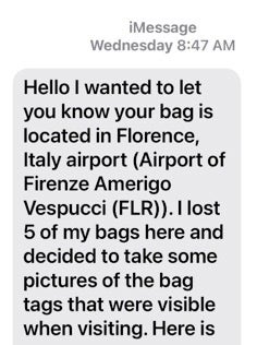Lisa Khan received this text message from a stranger who had found her bag in Italy