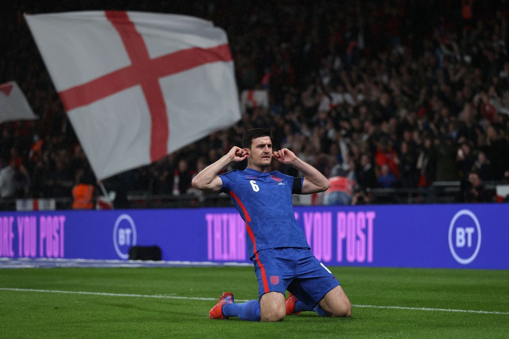 Harry Maguire scores in a World Cup qualifier against Albania at Wembley last year