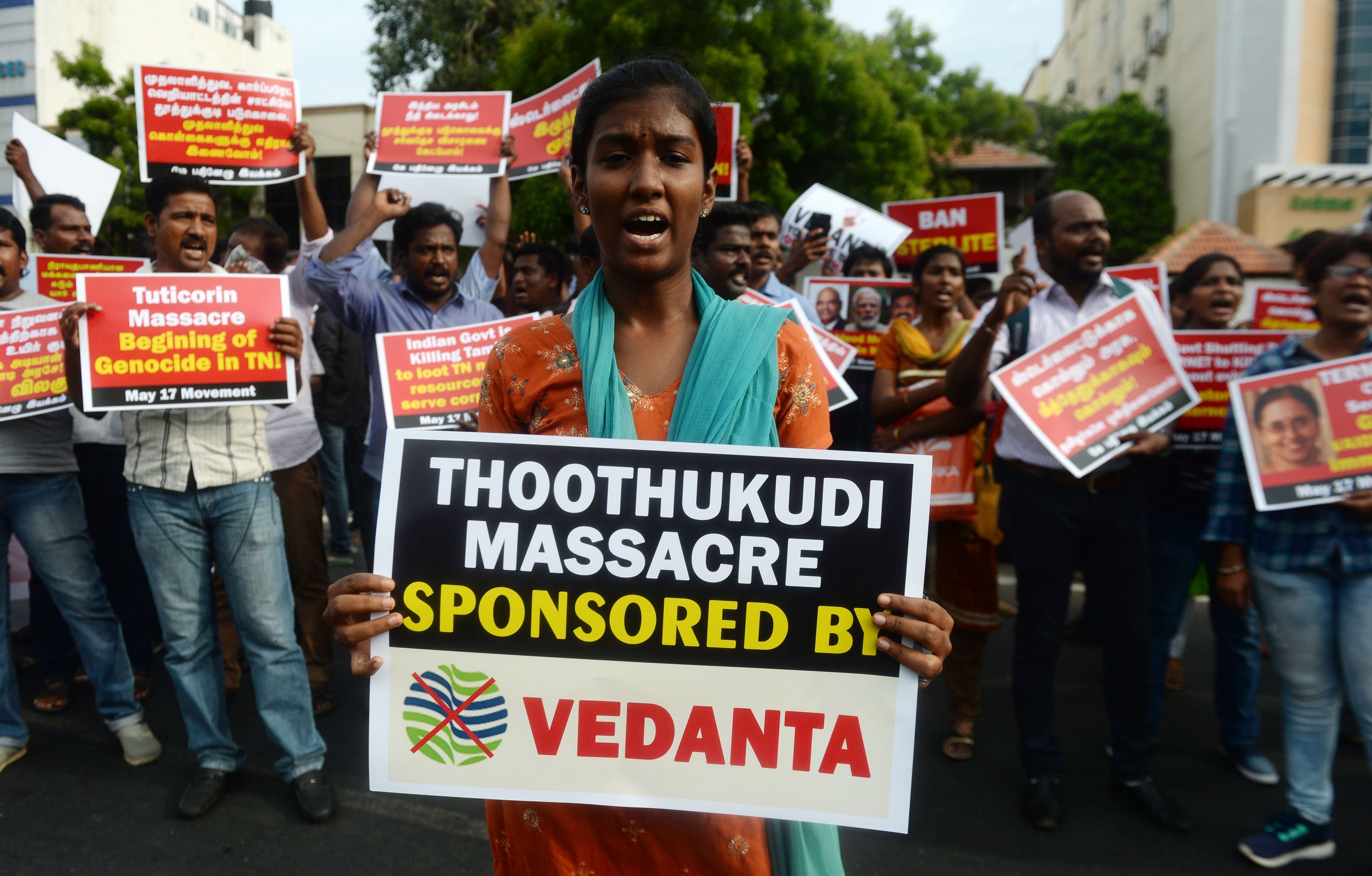 Indian protesters hold placards and shout slogans during a demonstration against the killings of protesters in Tuticorin, in Chennai in 2018