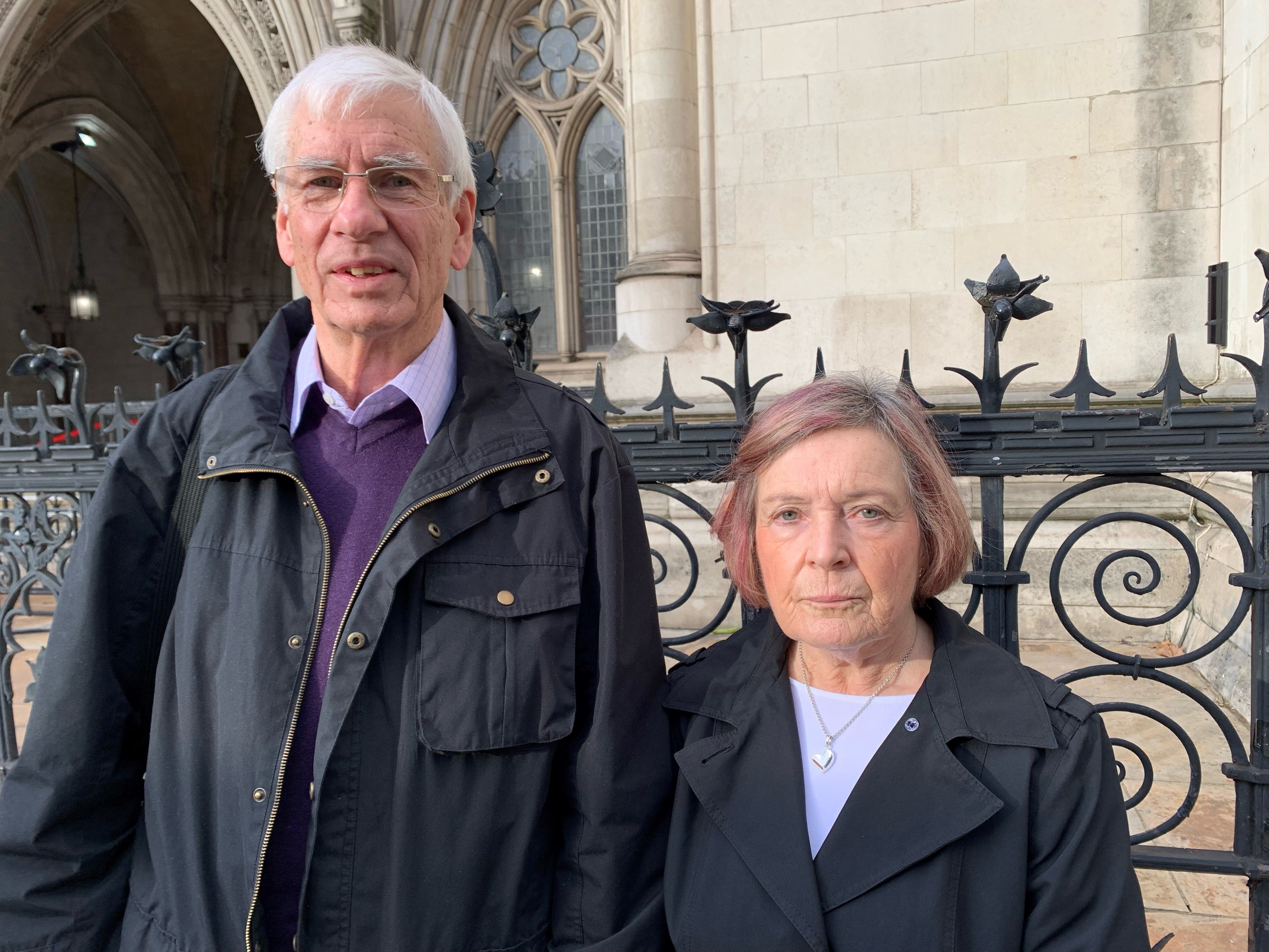 Andy and Angela Mays, aged 69 and 70 respectively, from Hull, outside The Royal Courts of Justice where today they secured a fresh inquest into the death of their 22-year-old daughter Sally Mays (Tom Pilgrim/PA)