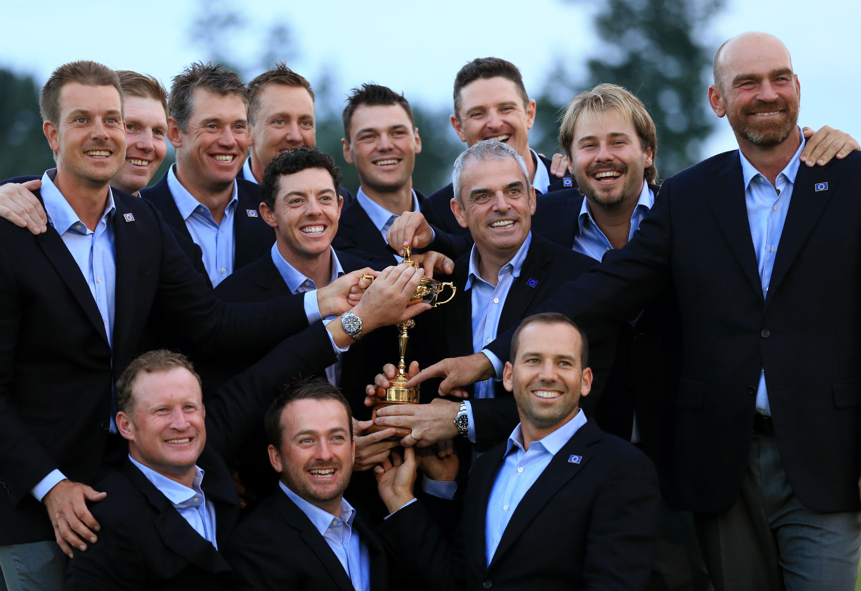 Team Europe pose with the Ryder Cup after their victory over the United States at Gleneagles in 2014 (Lynne Cameron/PA)