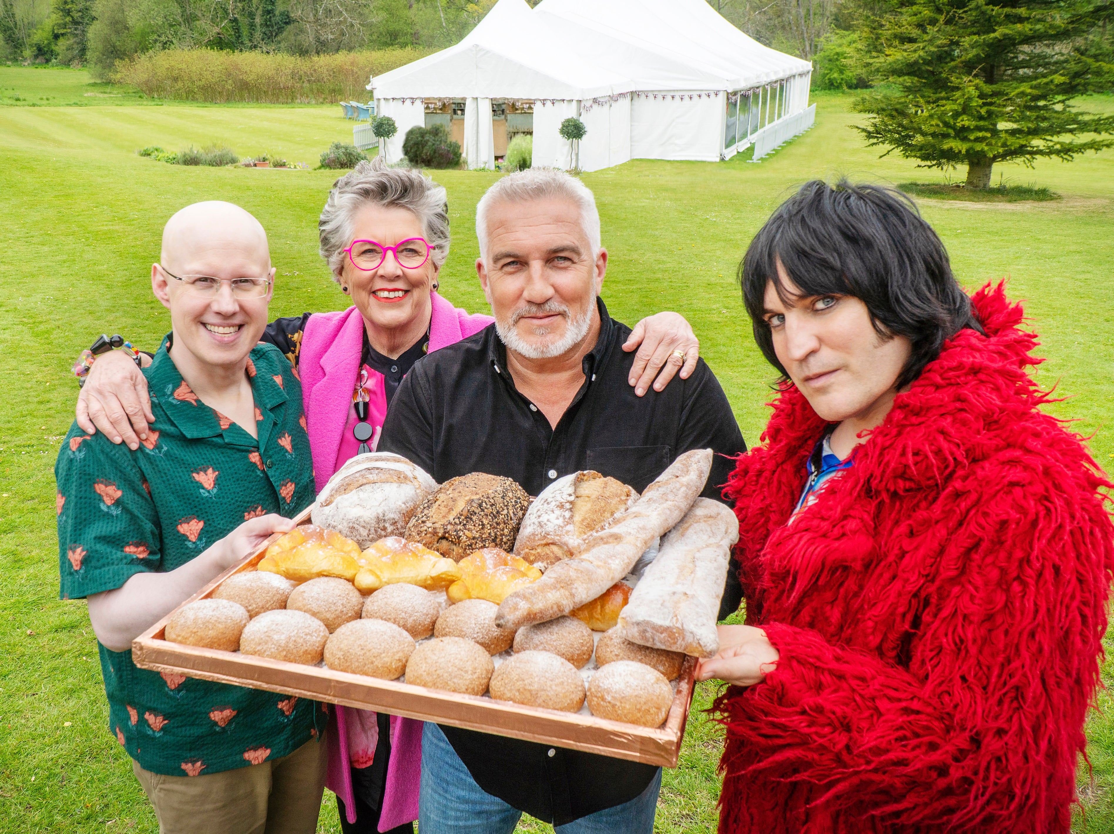 From L-R: Matt Lucas, Prue Leith, Paul Hollywood, Noel Fielding