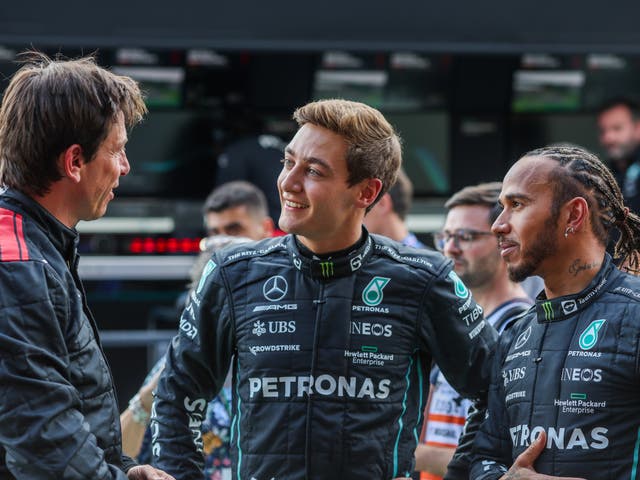 <p>Mercedes team principal Toto Wolff (left) with drivers George Russell and Lewis Hamilton</p>