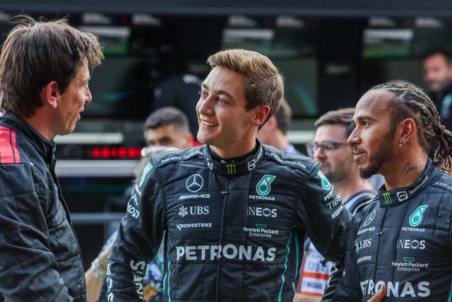 <p>Mercedes team principal Toto Wolff (left) with drivers George Russell and Lewis Hamilton</p>