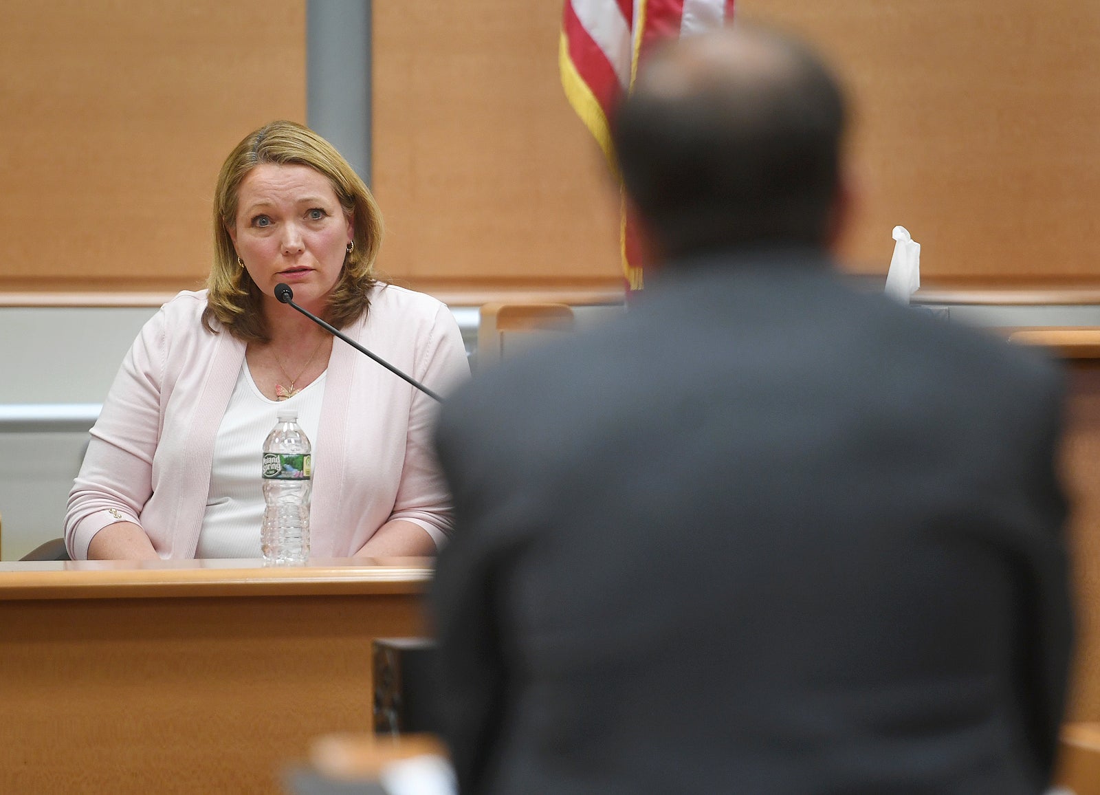 <p>Nicole Hockley, mother of deceased Sandy Hook Elementary student Dylan Hockley, answers questions from lawyer Chris Mattei during her testimony in the Alex Jones defamation trial </p>