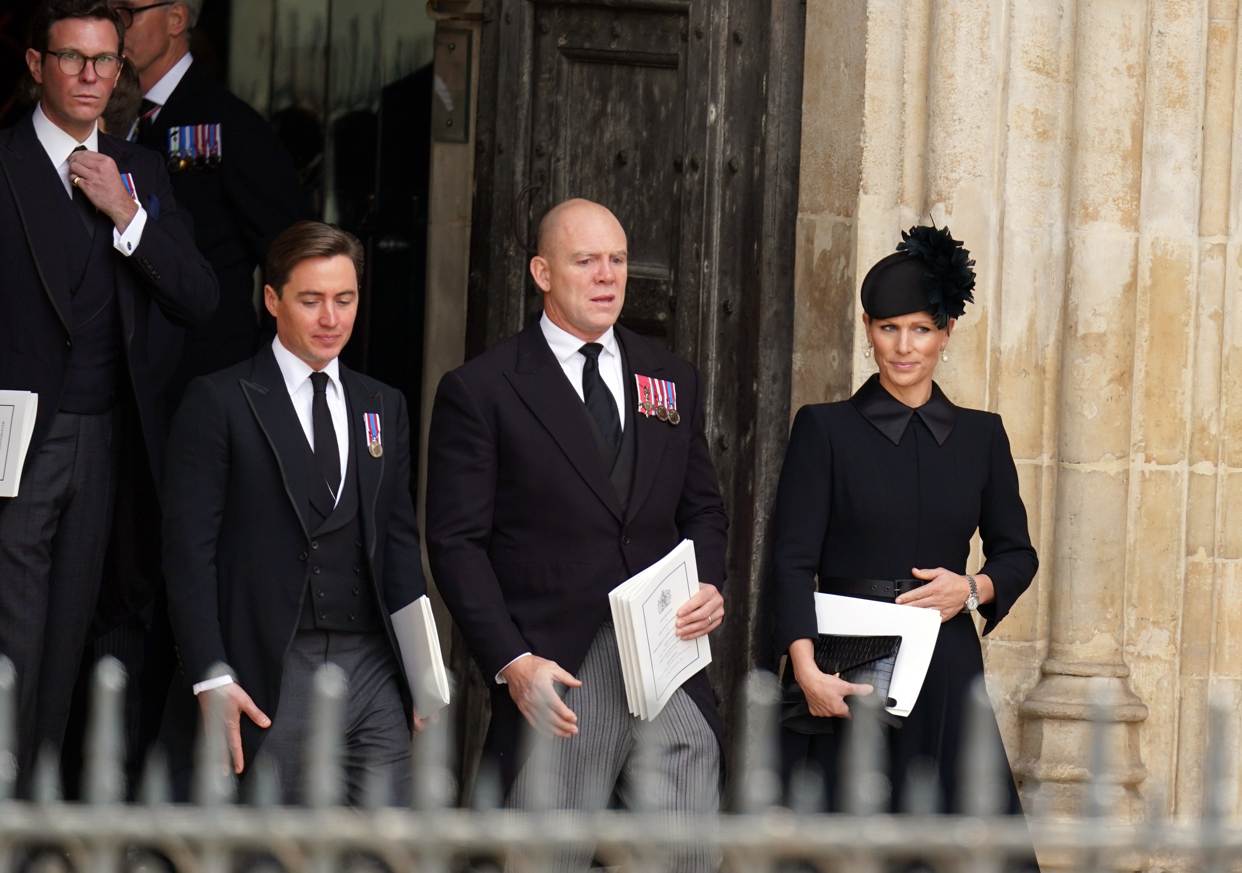 Zara Tindall (right), Mike Tindall (centre) and Edoardo Mapelli Mozzi, the husband of Princess Beatrice, following the Queen’s State Funeral (Andrew Milligan/PA)