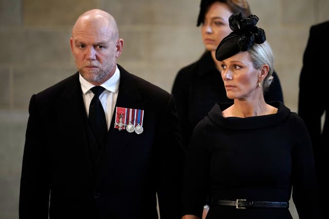 Zara Tindall and Mike Tindall pay their respects after the service and procession for the coffin of Queen Elizabeth II into Westminster Hall, London, where it will lie in state ahead of her funeral (Chris Furlong/PA)