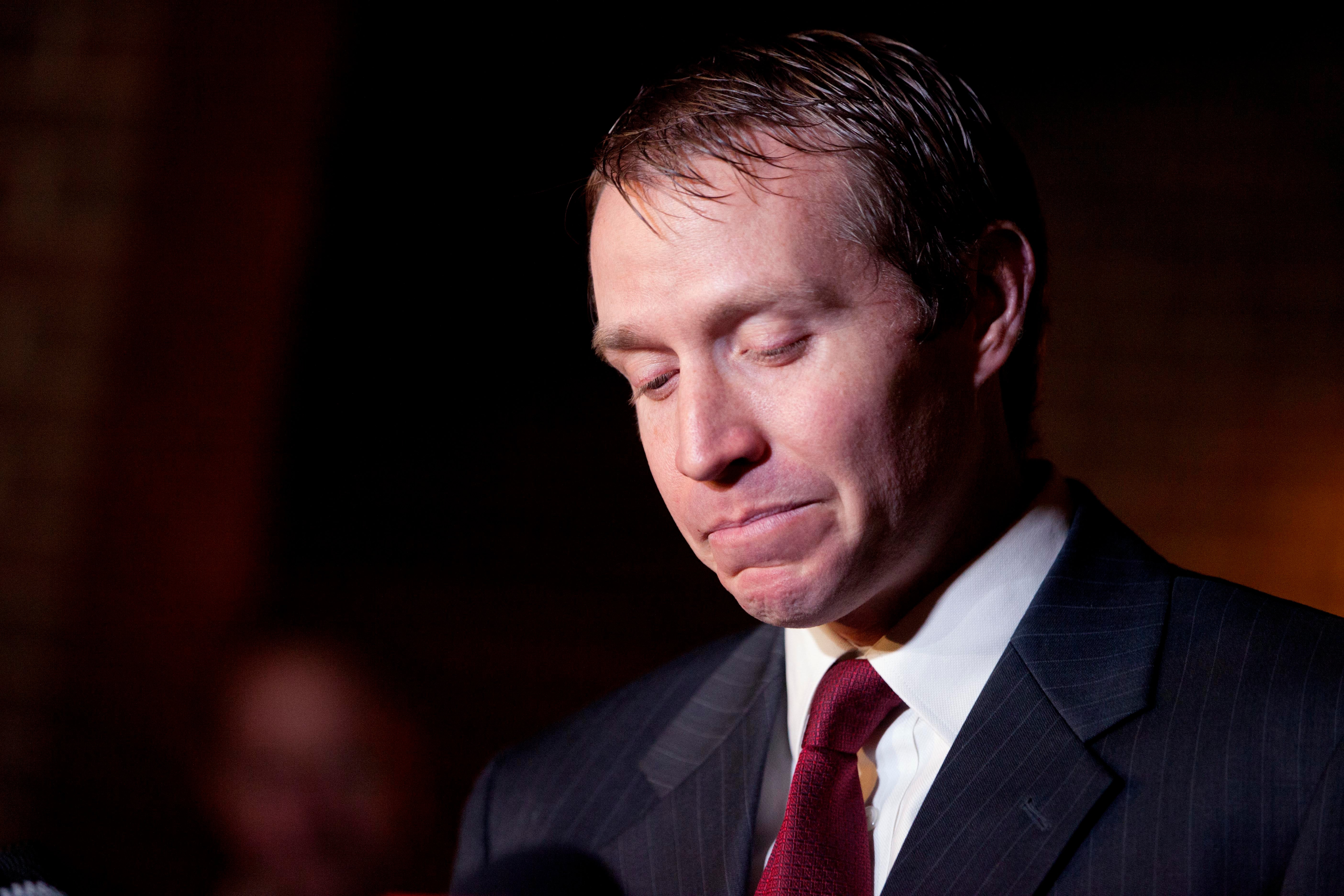 Robbie Parker, the father of six-year-old Emilie who was killed in the Sandy Hook Elementary School shooting, speaks at a news conference the day after the massacre