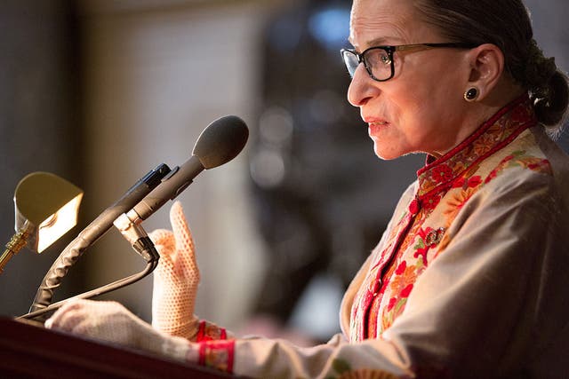 <p>The late Justice Ruth Bader Ginsburg speaks at a Women’s History Month event</p>
