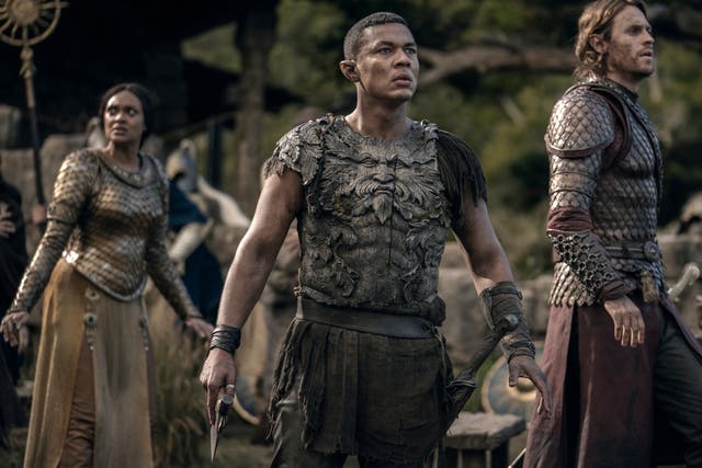 <p>Queen Regent Mi­riel (Cynthia Addai-Robinson), Arondir (Ismael Cruz Córdova) and Halbrand (Charlie Vickers) in episode six of ‘The Lord of the Rings - The Rings of Power’</p>
