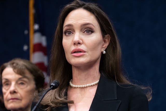 <p>Angelina Jolie speaks during a press conference announcing a bipartisan modernized Violence Against Women Act (VAWA), on Capitol Hill in Washington, DC, on February 9, 2022</p>