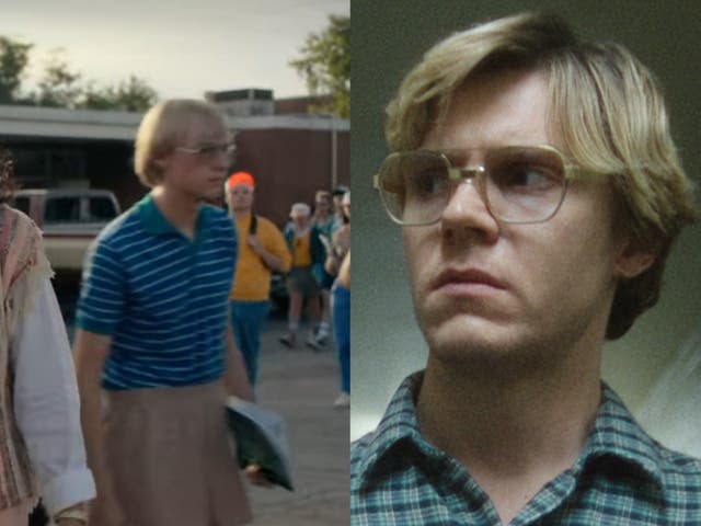 <p>The background actor in ‘Stranger Things’ (left), and Evan Peters as Jeffrey Dahmer in ‘Dahmer’ (right)</p>