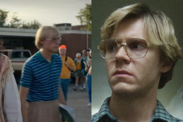 <p>The background actor in ‘Stranger Things’ (left), and Evan Peters as Jeffrey Dahmer in ‘Dahmer’ (right)</p>