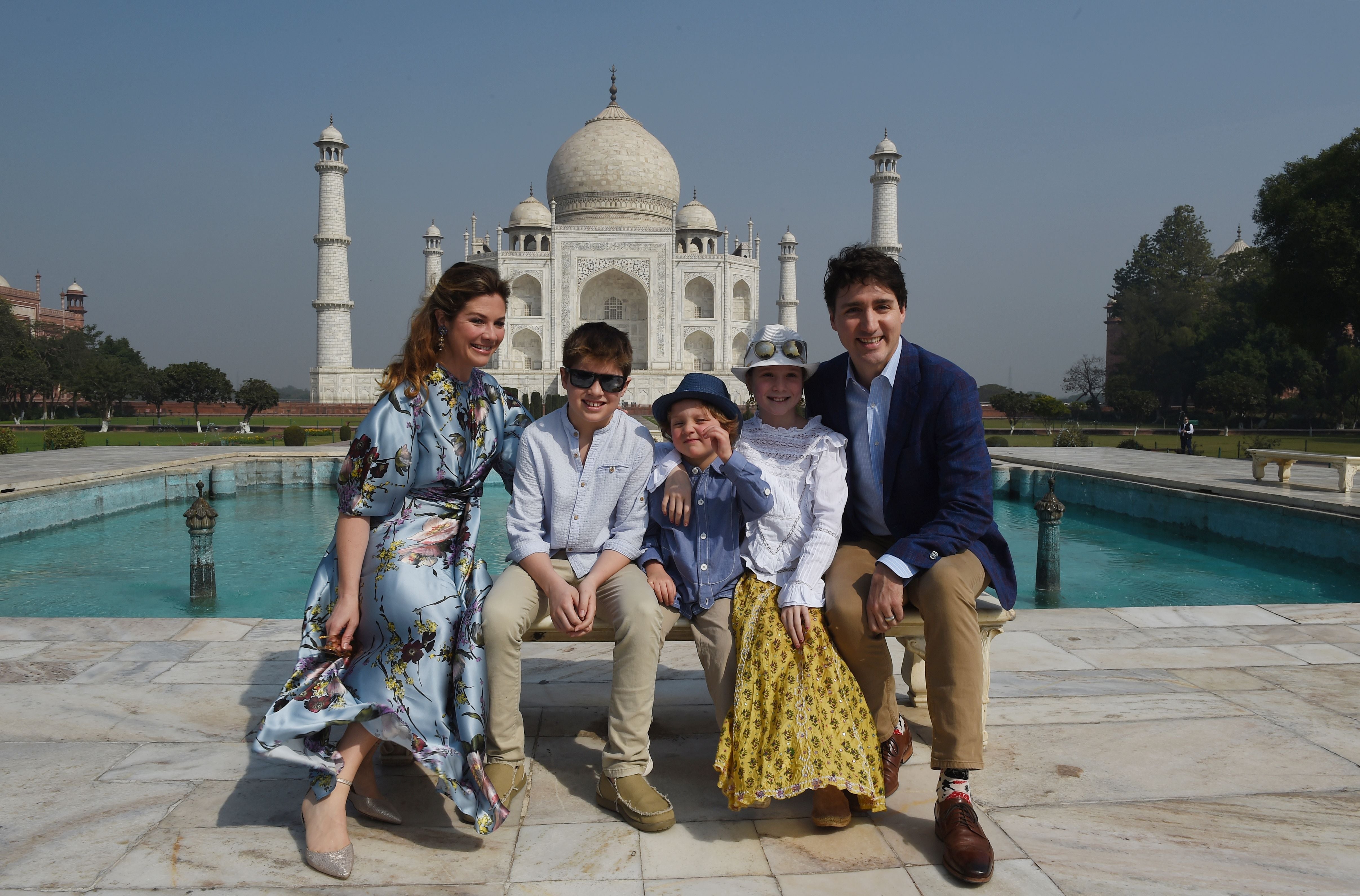 File Prime minister Justin Trudeau, his wife Sophie Gregoire and their children pose for a photograph during their visit to Taj Mahal in Agra on 18 February 2018